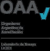 OAA accreditation logo with gray letters, blue checkmark, and Spanish text for Argentine Accreditation Organization Laboratory LE 312