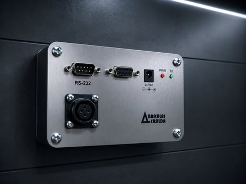 Industrial wall-mounted control panel with RS-232 connector, serial port, power outlet, status lights, and multi-pin connector